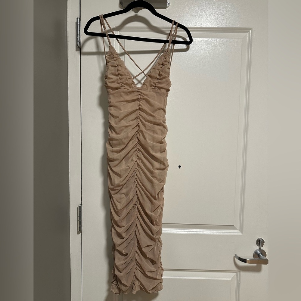 Revolve: Michael Costello Tan Backless Ruched Dress
